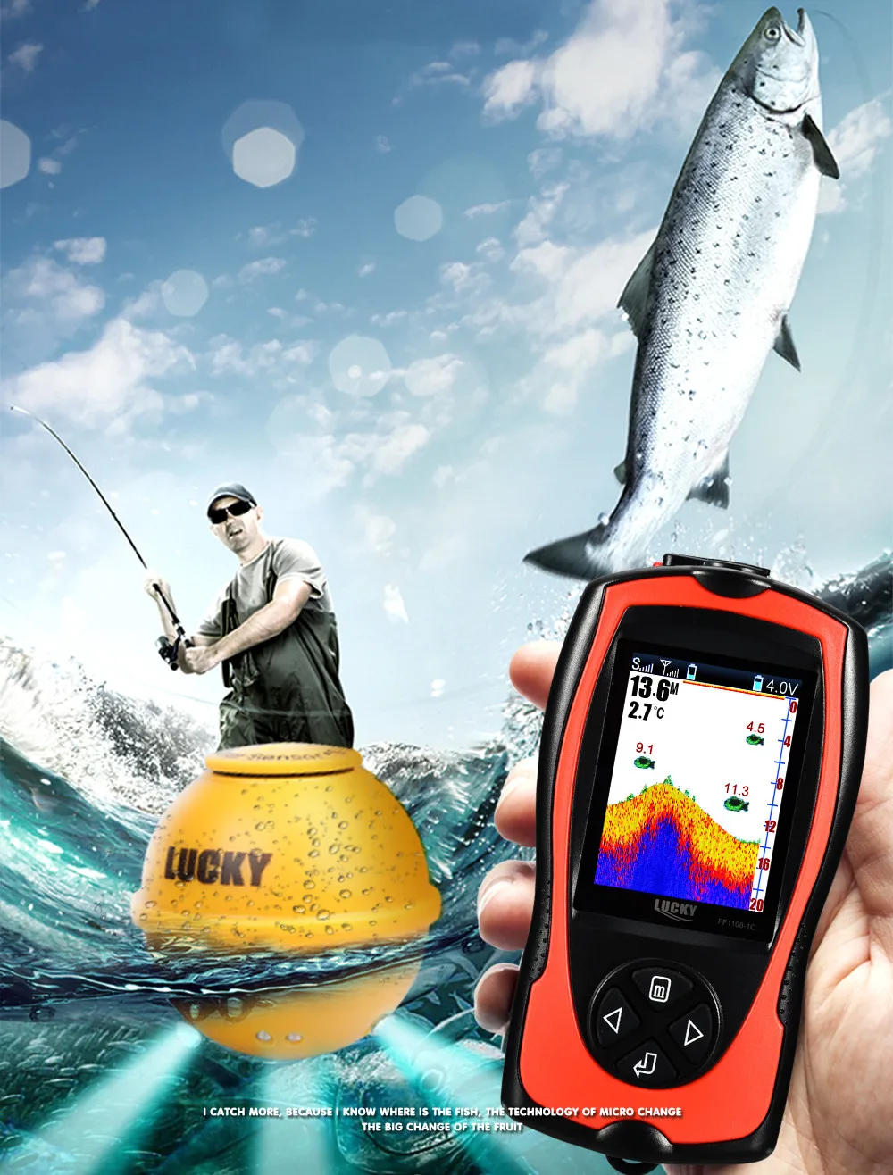 Description Picture 2 of itemLucky Sonar Fish Finder FF1108-1CWLA Rechargeable Wireless Sensor 45M Water Depth Echo Sounder Fishing Portable Fish Finder