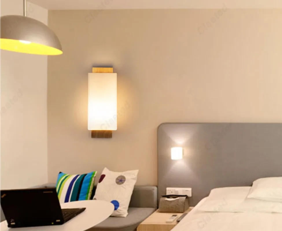 Description Picture 4 of itemCreative LED Wooden Wall Lamp E27 Glass Lampshade Bedroom Bedside Lamp Indoor Living Room Corridor Balcony Decorative Wall Lamp