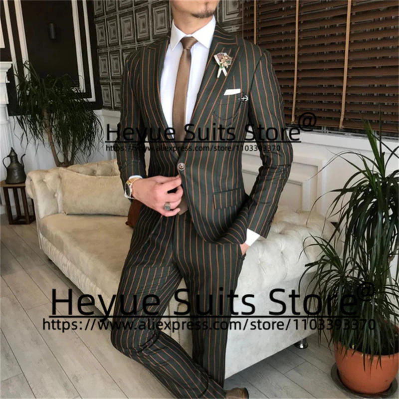 Description Picture 6 of itemBusiness Army green stripe Men Suits Tailor Made Slim Fit Peak Lapel Groom Tuxedos 2Pieces Sets Classic Male Blazers Ropa Hombre