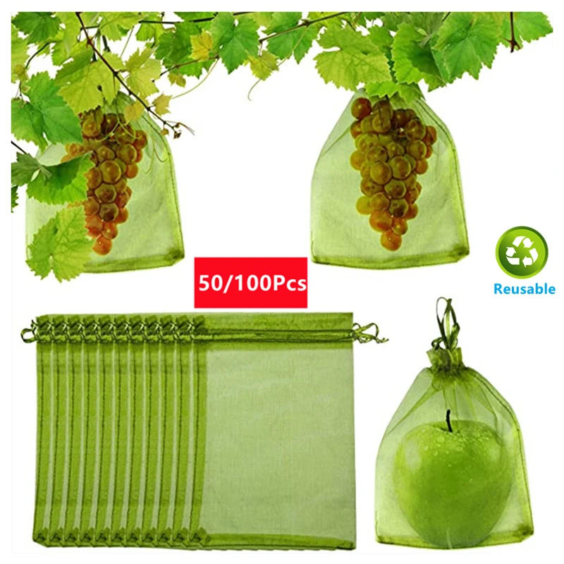Description Picture 2 of item50/100Pcs Fruit Protection Netting Bags with Drawstring Reusable Grape Grow Bags Strawberry Cover Mesh Bags for Pest Control