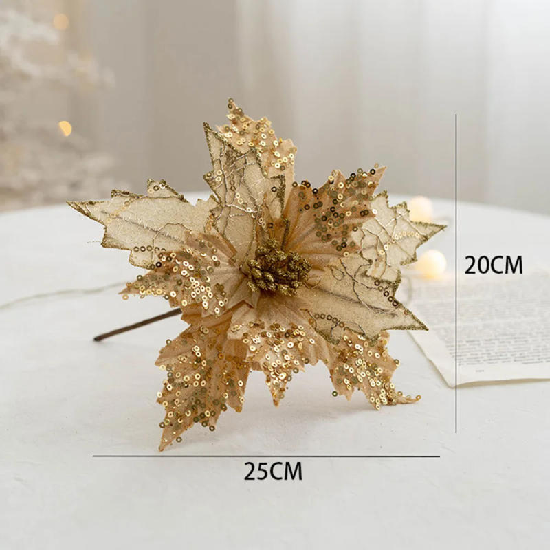 Description Picture 6 of item1PC Christmas Gold Silver Imitation Flower Xmas Tree Sequins Artificial Flowers DIY Ornaments for Festival Party New Year Decor