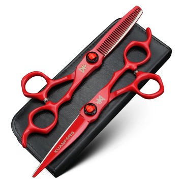 XUANFENG 6 inch Ruby Hair Scissors Barber's Completely red Cutting Scissors and thinning Scissors 440c