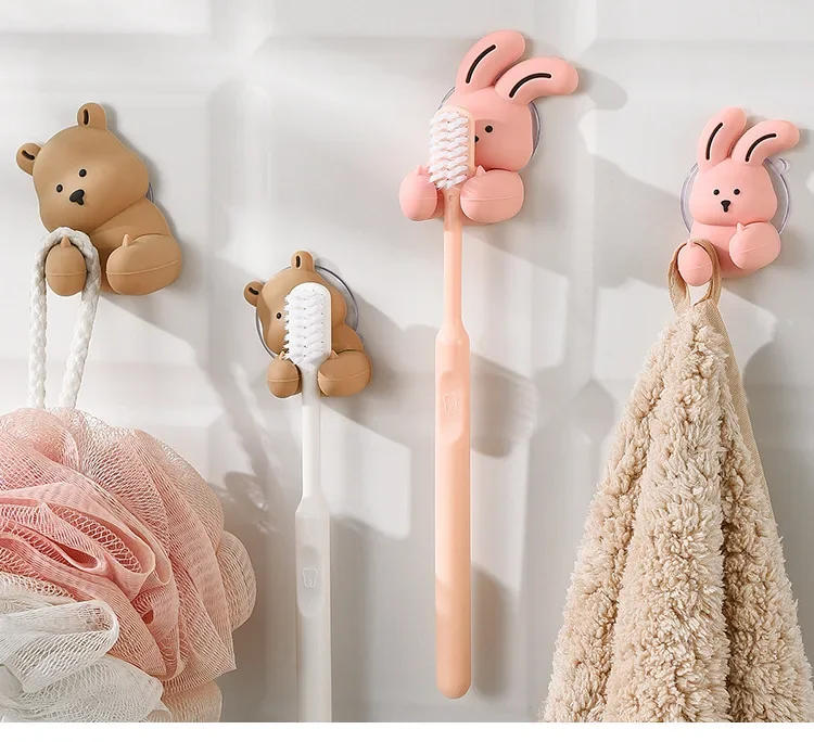 Description Picture 3 of itemCute Cartoon Rabbit Toothbrush Holder Silicone Wall-mounted Suction Cup Hook Sundries Storage Rack Bathroom Accessories