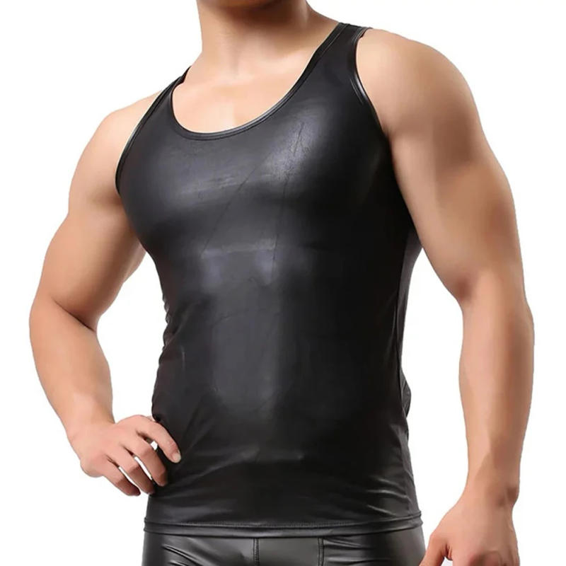 Description Picture 3 of itemMen Blouse Men Tops Bright Leather Crop Top Faux Leather Fit T-shirt Summer T-Shirt Tank Tops Vest Black Men\'s