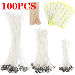 100Pcs with Stand Original Smokeless Candle Wick Waxed Cotton Candle Wicks for DIY Candle Silicone Mold Candle Making Supplies