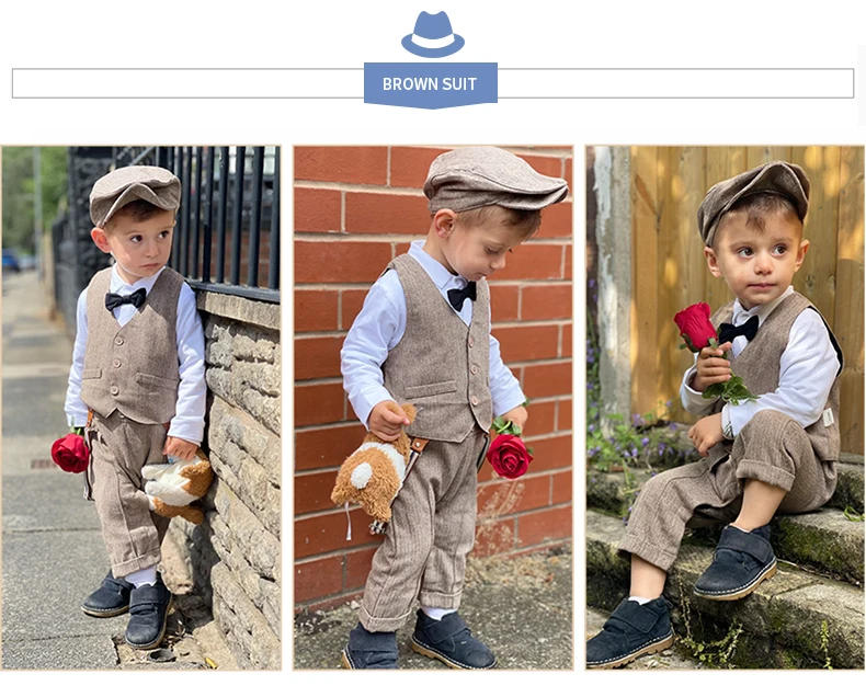 Description Picture 5 of itemBaby Suits Newborn Boy Clothes Romper + Vest + Hat Formal Clothing Outfit Party Bow Tie Children Birthday Dress New Born 0- 3Y