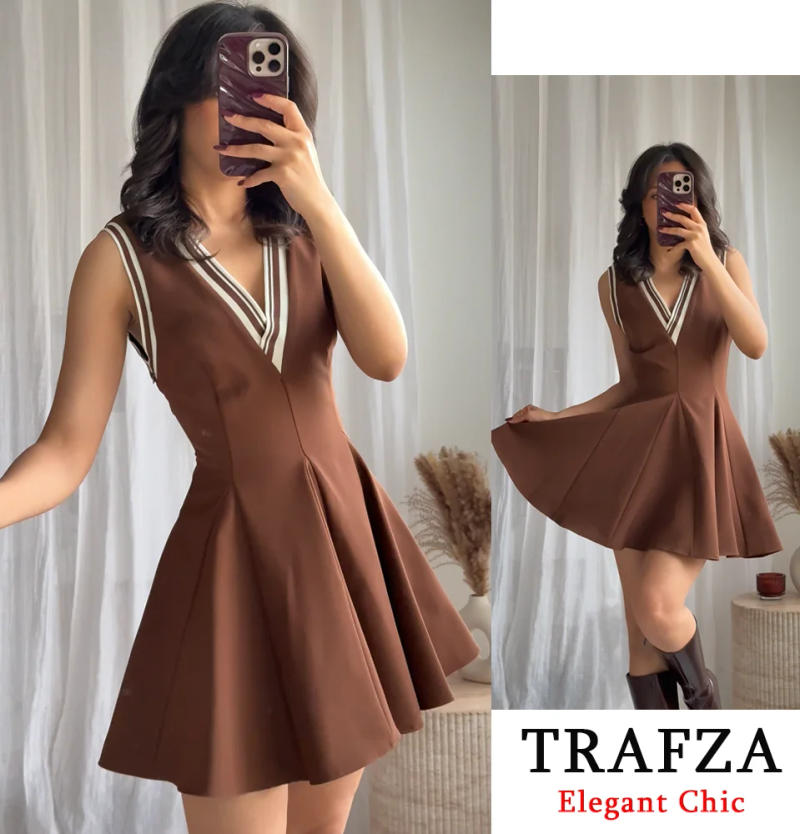 Description Picture 3 of itemTRAFZA Women Vintage Flared Dress V-Neck Brown Romantic Dress New 2025 Spring Summer Fashion Retro Casual Vacation Mini Dress