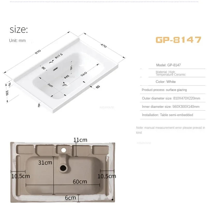 Description Picture 6 of itemCreative Semi-recessed Wash Basin Modern Ceramic Bathroom Sinks Rectangular Single Basin Bathroom Vanity Home Toilet White Sink