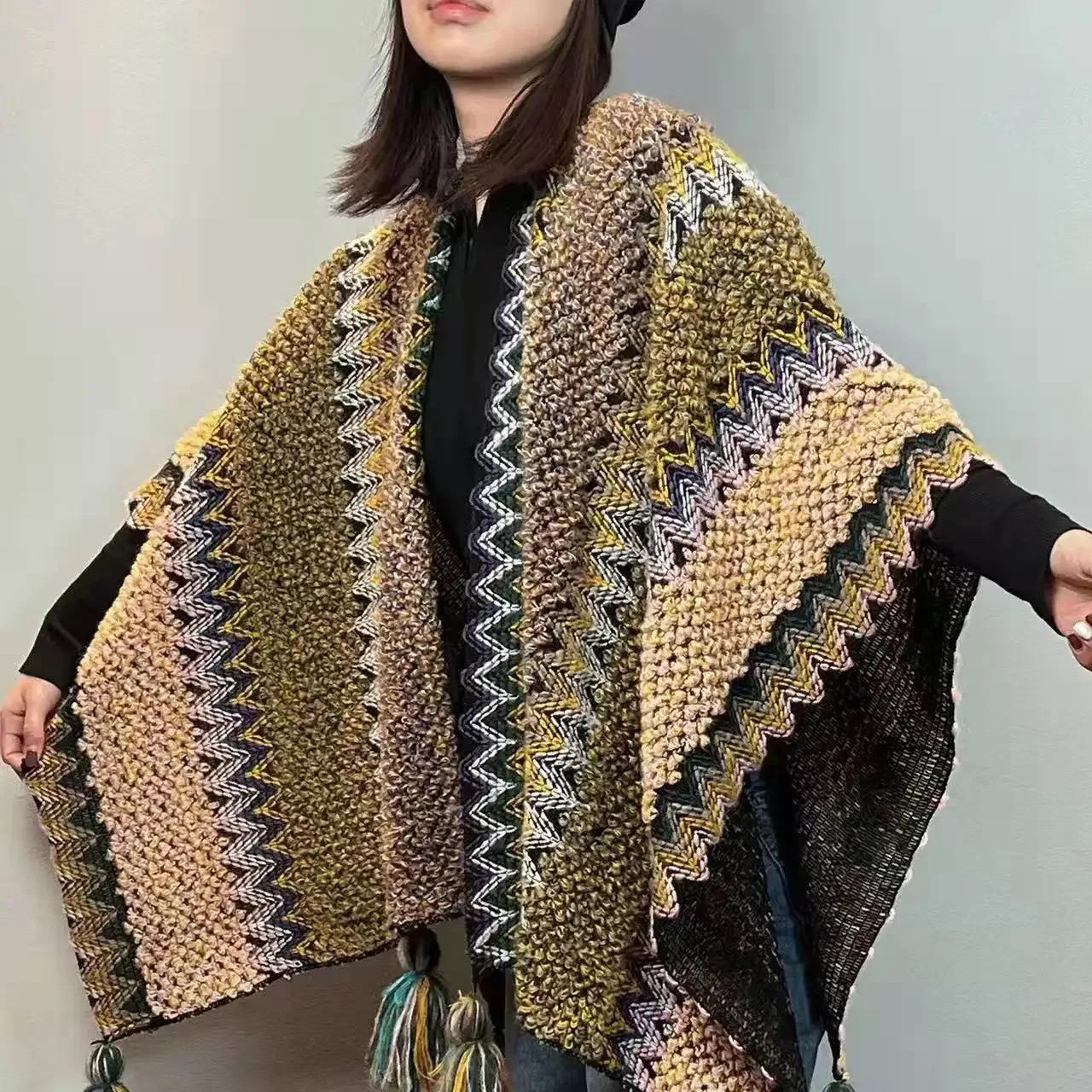 Description Picture 5 of item23 Colors Multicolor Oversize Autumn Poncho Cape Winter Women Knitted Cardigan Long Loose Shawl Vintage Thick Outstreet Knitwear