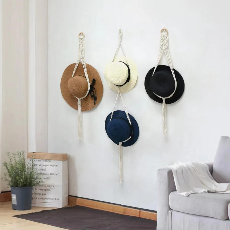 Description Picture 2 of itemNordic Style Boho Cotton Hanging Caps Holder Organizer Display Hat Scarf Organizer Rack Macrame Tapestry Hat Hanger Wall Storage