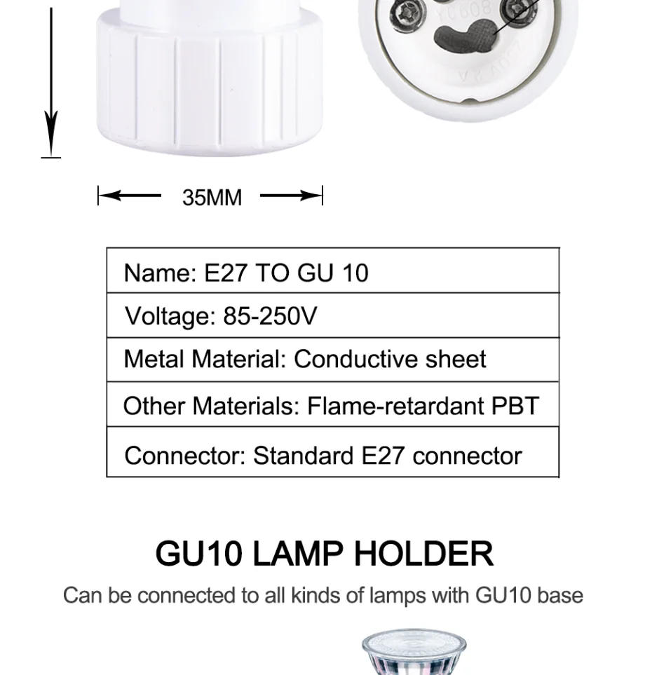 Description Picture 4 of itemE27 to GU10 Adapter LED Bulb Socket Standard E27 Interface Fireproof Material Suitable For LED Plant Light Cup Halogen Lamp