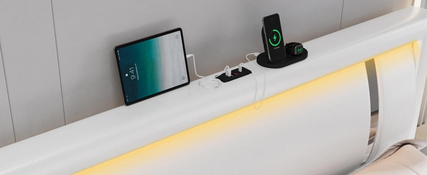 Description Picture 5 of itemFull Size Bed Frame with RGB LED Lights Headboard, 2 Storage Drawers, Upholstered Faux Leather, USB Ports, No Box Spring, White