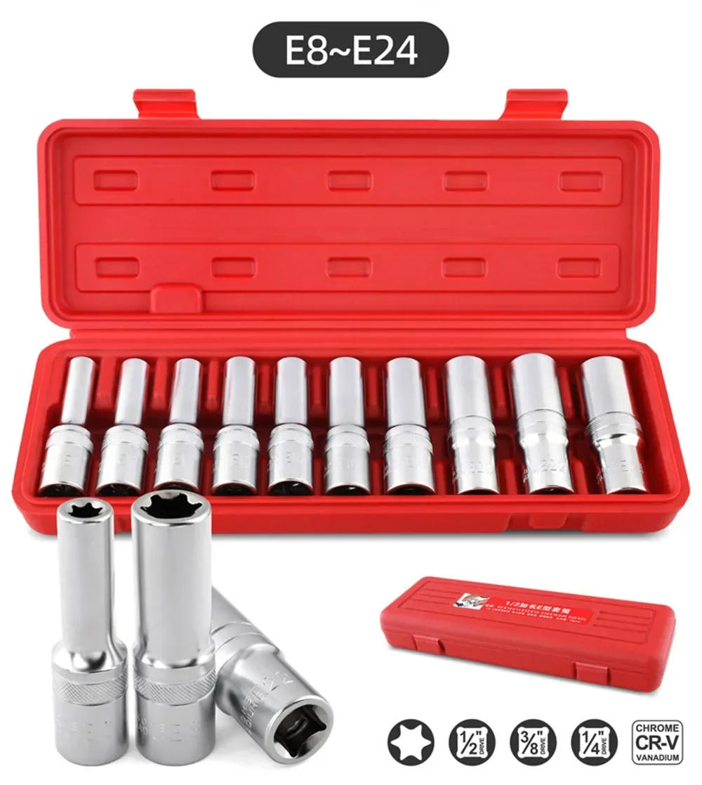 Description Picture 2 of item1/2" 3/8" 1/4" Drive E4-E24 Repair Tool Socket Wrench Head Sleeve 9/10/14/17Pcs E Bit Sockets Set Hand Tool Kit Torx Star Female