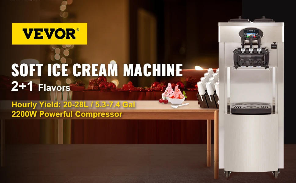 Description Picture 3 of itemVEVOR 2200W Commercial Soft Ice Cream Machine 20-28L/H Ice Cream Maker Double 6L Hoppers Ice Cream Making Machine