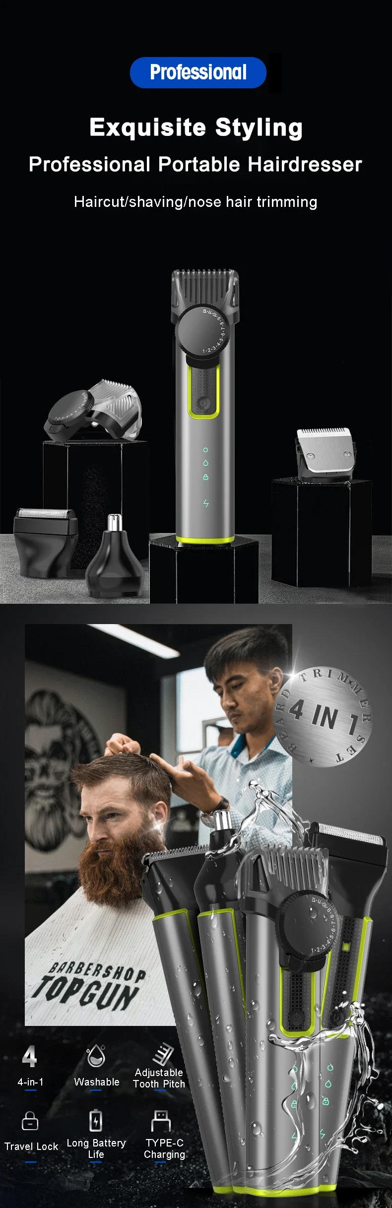 Description Picture 2 of itemMultifunctional Hair Clipper USB Charging IPX5 Waterproof Professional Electric Hair Clipper 4-in-1 Razor Nose Hair Trimmer Set