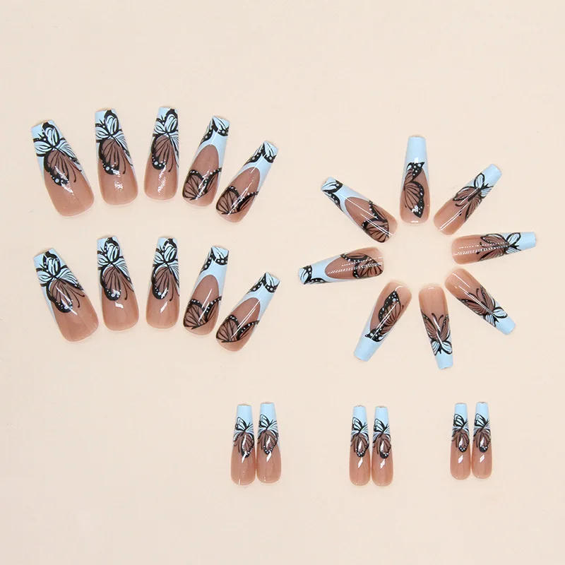 Description Picture 4 of item24 pcs long ballet-shaped French Minimalist Spice Butterfly fingernail +1 nail glue +1 nail file
