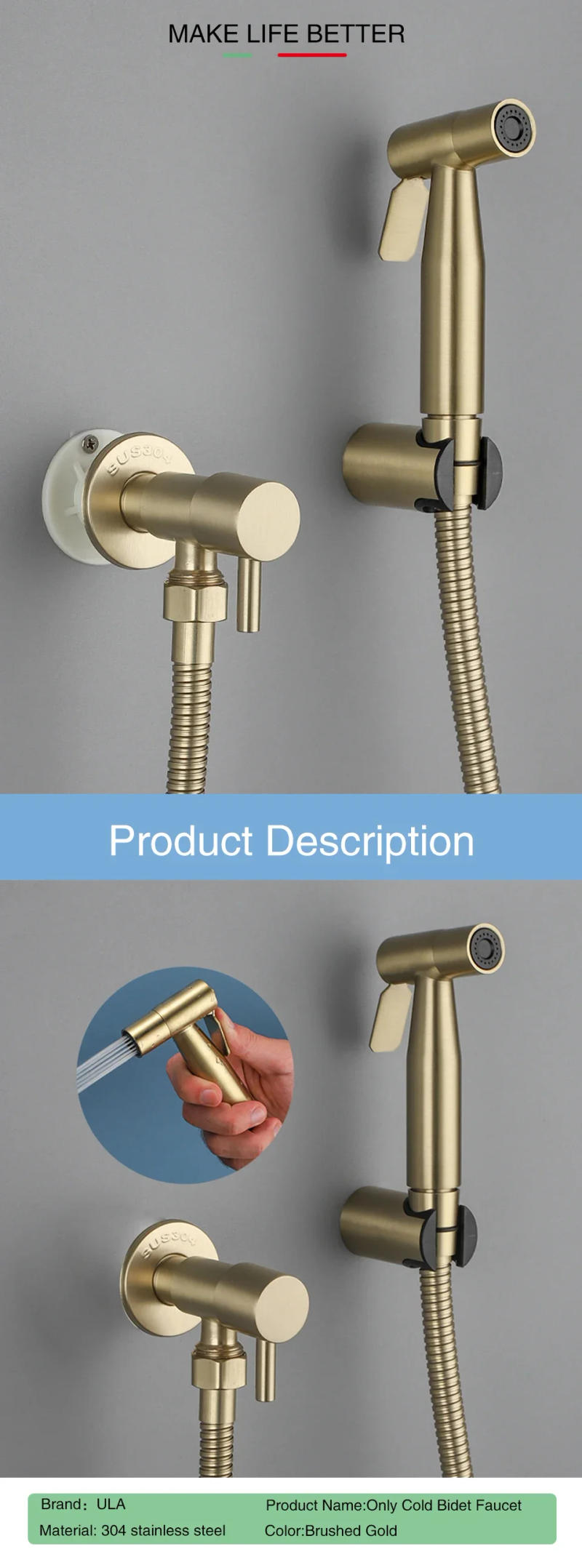 Description Picture 2 of itemHandheld Bidet Sprayer Set Stainless Steel Toilet Faucet Bathroom Shower Head Hygienic Shower Self Cleaning