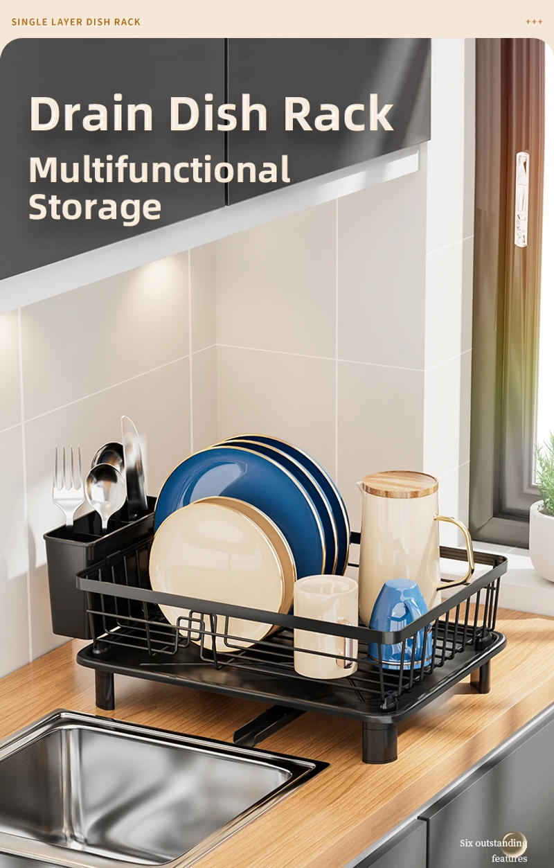 Description Picture 2 of item1pc Dish drying rack Kitchen countetop storage holder with drained board Dish&Bowl&tableware organizer Black White