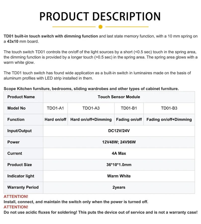 Description Picture 3 of itemTouch switch DC 12V 24V adjustable brightness controller suitable for home cabinet LED light strip