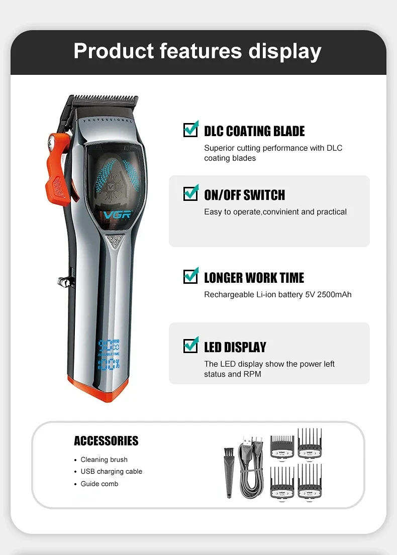 Description Picture 3 of itemVGR Hair Trimmer Electric Hair Clipper Barber Professional Hair Cutting Machine 9000 RPM Haircut Cordless Trimmer for Men V-647