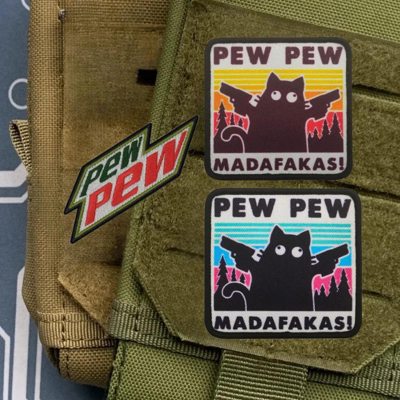 Description Picture 2 of itemPew Pew Madafakas Tactical Patches Fun Embroidery Hook&Loop Patch Military Double Spear Black Cat Morale Badge Backpack Stickers