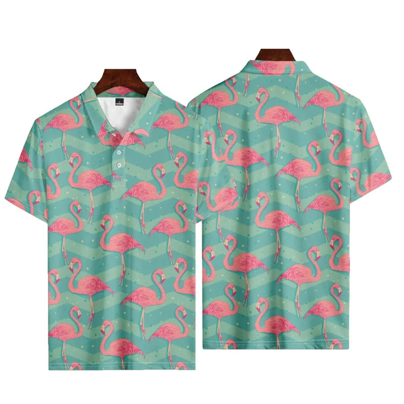 Description Picture 5 of itemHawaiian Holiday Flamingo Print Summer Men's Buttons Polo Shirts Casual Short Sleeve Oversized Tops Fashion Male Camisa Clothing