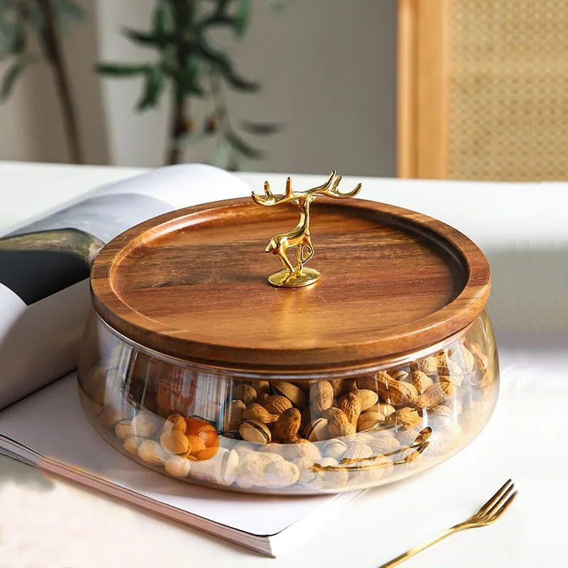 Description Picture 3 of itemGolden Deer Wood Lid Fruit Plate Glass Container with 6 Forks Storage Cup Coffee Table Snacks Candy Box Nut