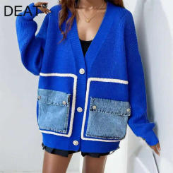 DEAT Women's Vintage Knitted Long Sleeve Cardigan Denim Pockets Splice Sweater Coat Contrast Color Clothing 2024 Winter GZ260