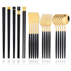 Black Gold Korean Tableware Set 15-20Pcs Luxury Cutlery Set Stainless Steel Dinnerware Knife Fork Spoon Chopsticks Cutlery Set