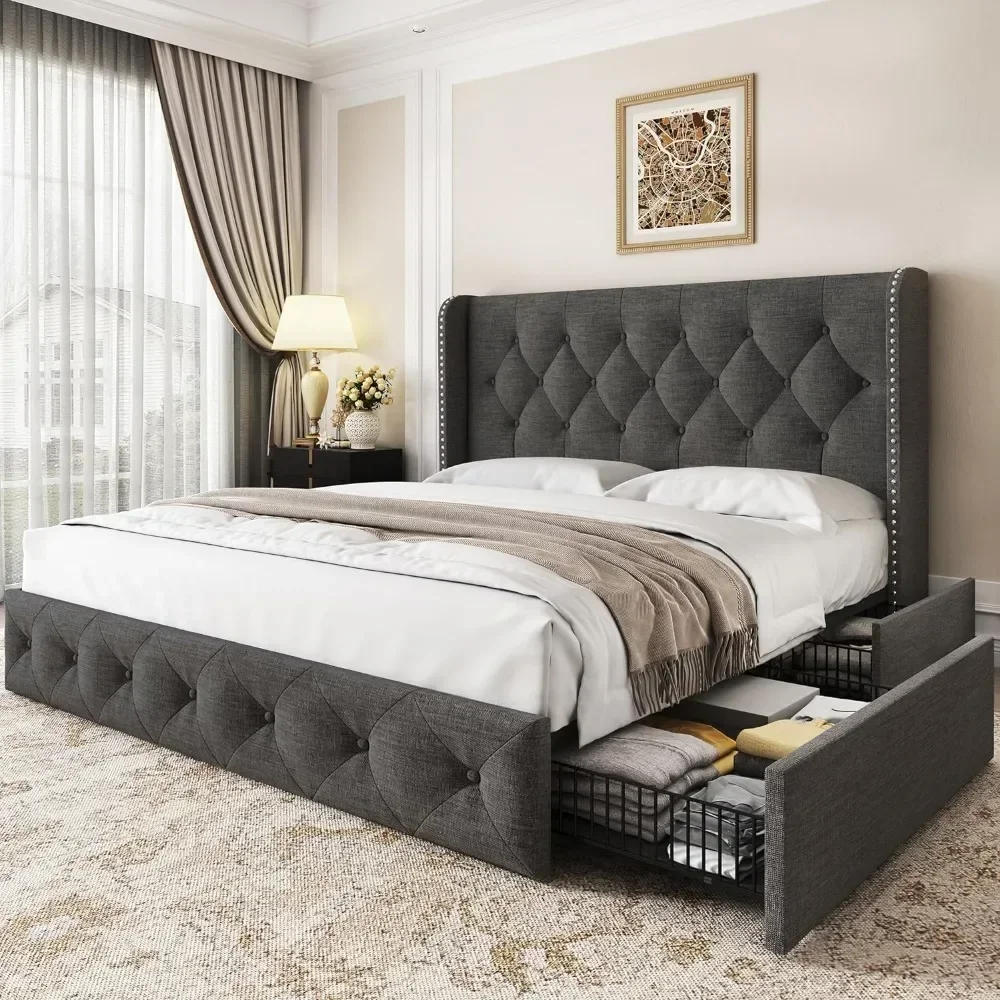 Description Picture 2 of itemBed Frame Linen Upholstered Bed with  Storage Drawers and Wingback Headboard Tufted Platform Beds Frame with Wood Slats Support