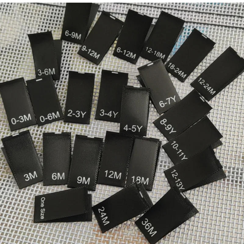 Description Picture 4 of item50pcs Black satin Size label for Kids Fold Print sizes labels 2-3Y 3-4Y 4-5Y 6-7Y 8-9Y 10-11Y 12-13Y Garment Label