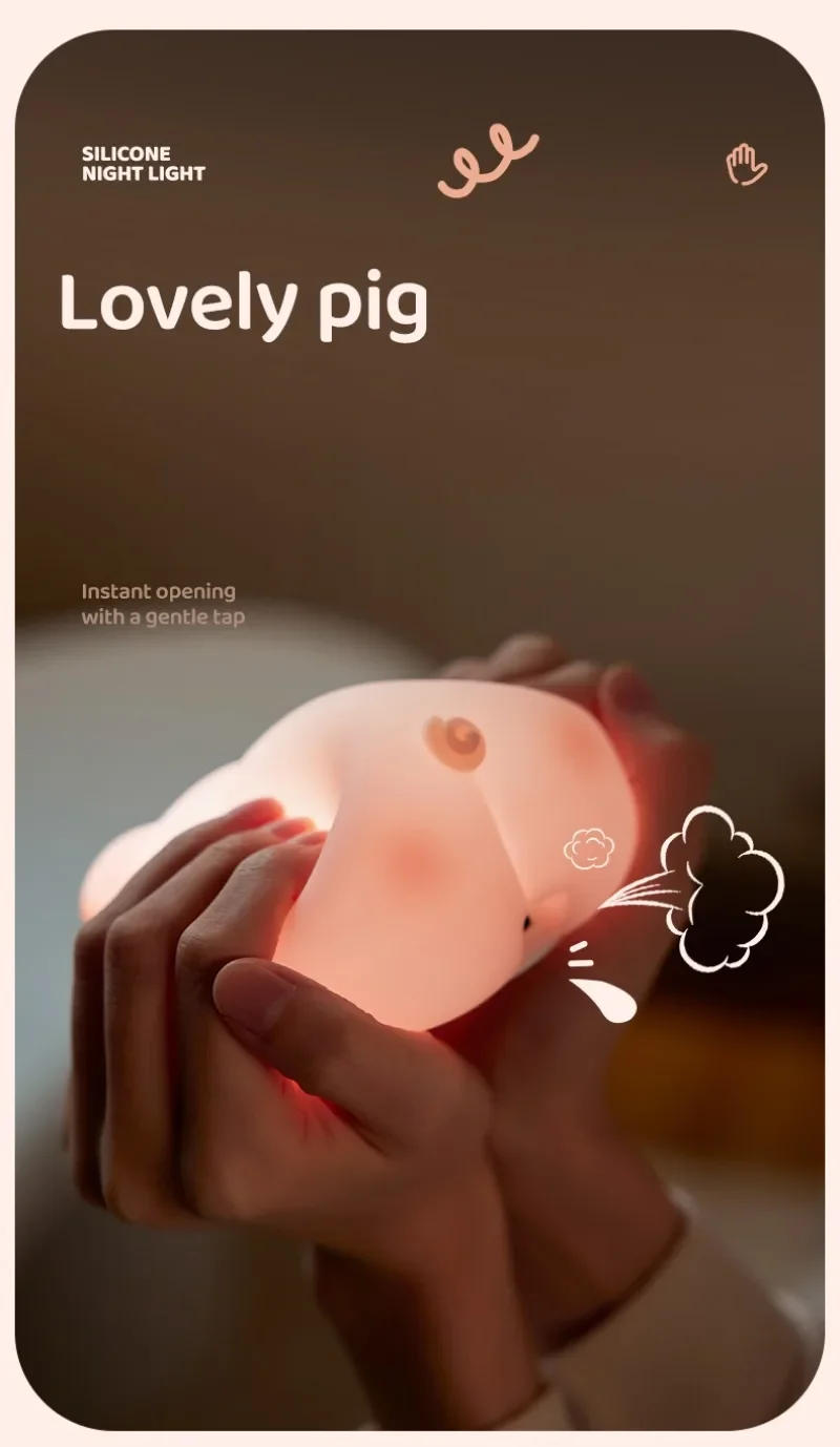 Description Picture 5 of itemPink Piggy Night Light Cute LED Silicone Night Lamp Indoor Atmosphere Pat Lamp Room Decoration USB Children's Night Light Gift