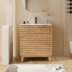 Bathroom Vanity with Sink Combo Mid-Century Floor Cabinet Set with Wood Stripes, Adjustable Shelf, Undermount Sink