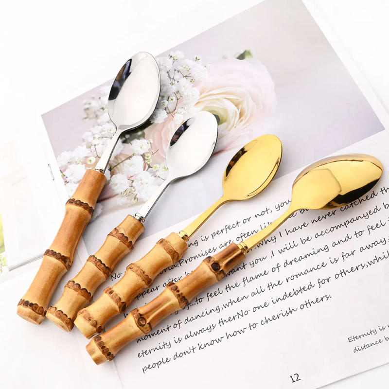 Description Picture 5 of itemDrmfiy 4/20Pcs Natural Bamboo Handle Silver Dinnerware Set Stainless Steel Cutlery Set Kitchen Knife Fork Spoons Tableware Set