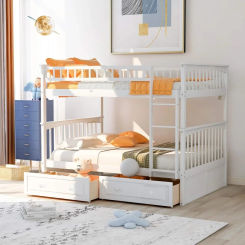 Solid Wood  Bunk Bed with Two Storage Drawers, Convertible Bunk Bed Can be Converted Into
