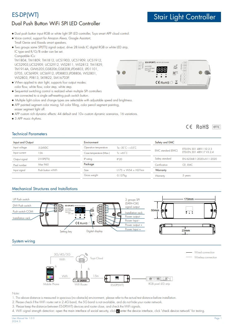 Description Picture 2 of item5-24VDC WiFi SPI Controller Dual Push Button Stair Light Controller Tuya APP Control for WS2812 WS2811 RGB or White Light Strip