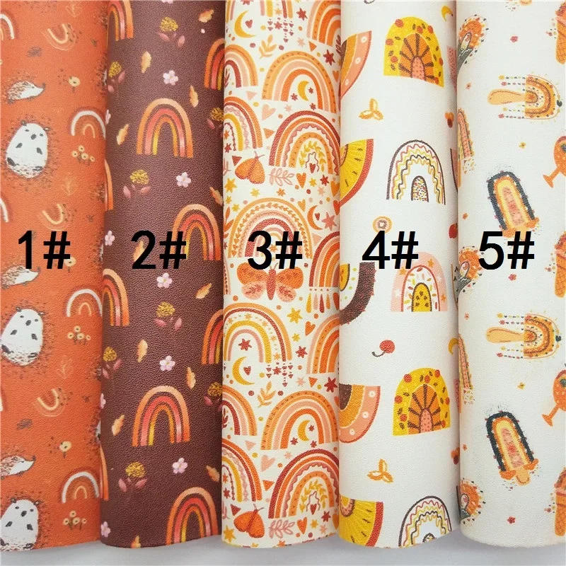 Description Picture 2 of itemAutumn Rainbows Printed Synthetic Leather Faux Fabric Sheets Felt Backing Vinyl For Earrings bag Bows DIY GM2358B