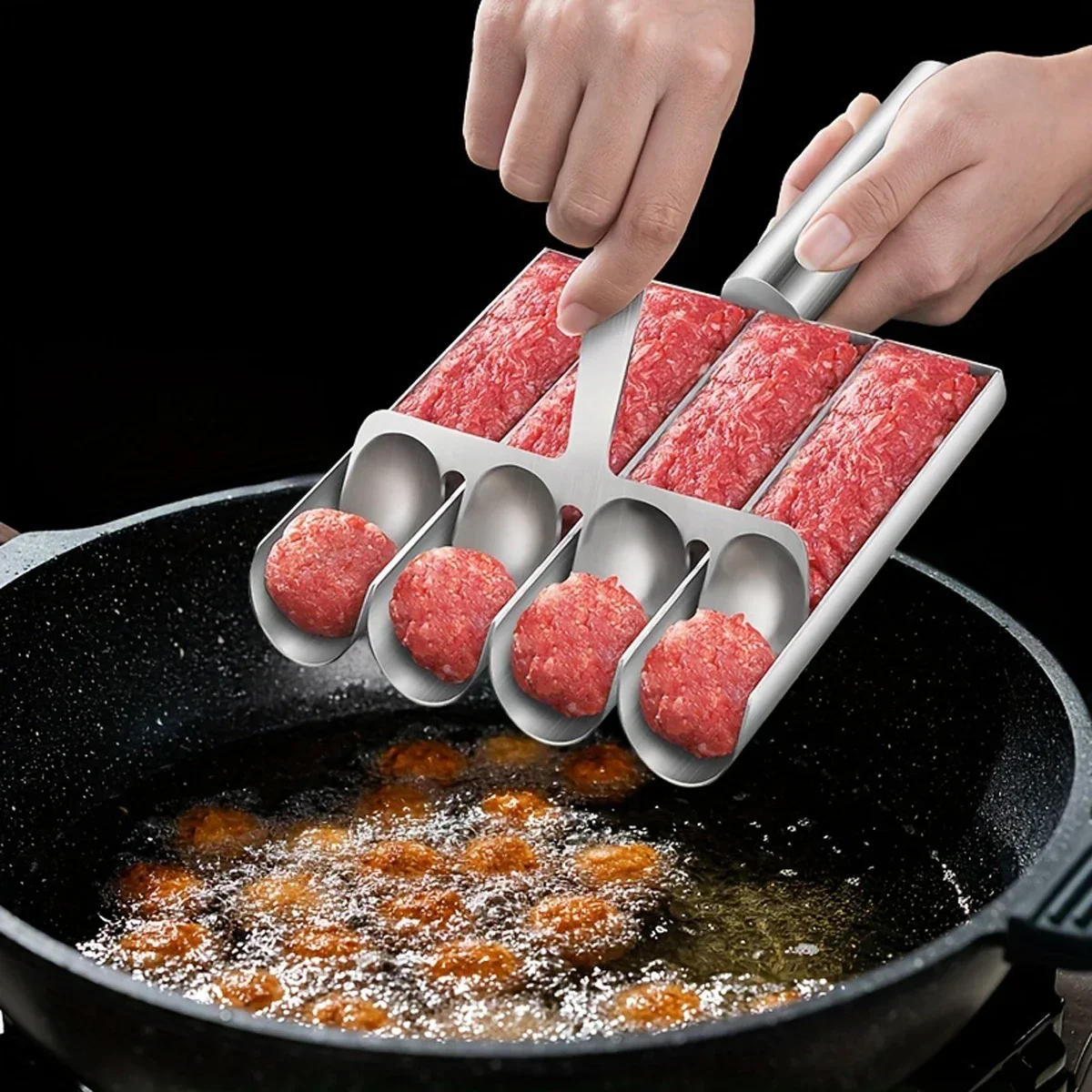 Description Picture 2 of item1PC 1/2/3/4Slot 304 Stainless Steel Meatball Maker Home To Do Fish Ball Shrimp Sliding Mold Rice Ball Meat Dish Scoop