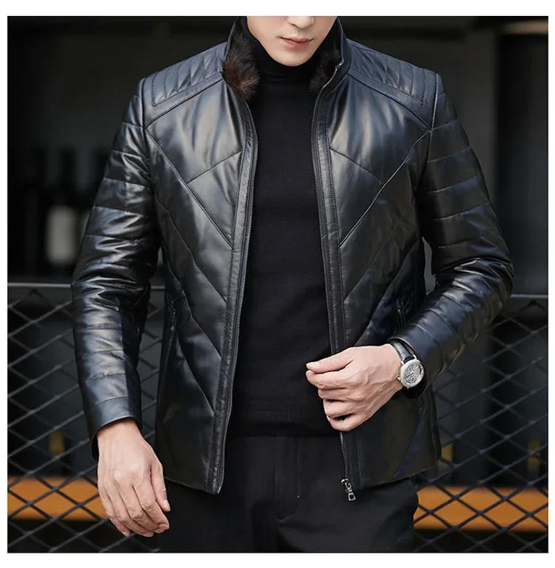 Description Picture 5 of itemGenuine Leather Jacket For Men 2022 Winter Thick Warm Business Man Korean Fashion Mink Fur Stand Collar Coat Twill Check Veste