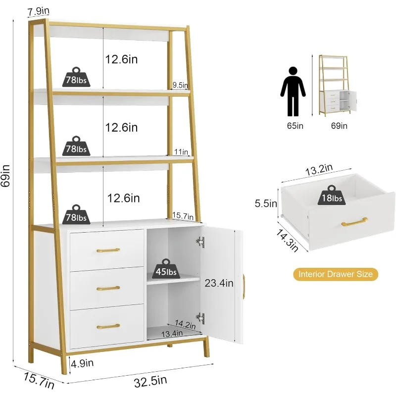 Description Picture 5 of item69" Tall Bookshelf, 4-Tier Bookcase with Wooden Drawers and Ladder Shelves, Free Standing Storage Cabinet Kitchen Bakers Rack
