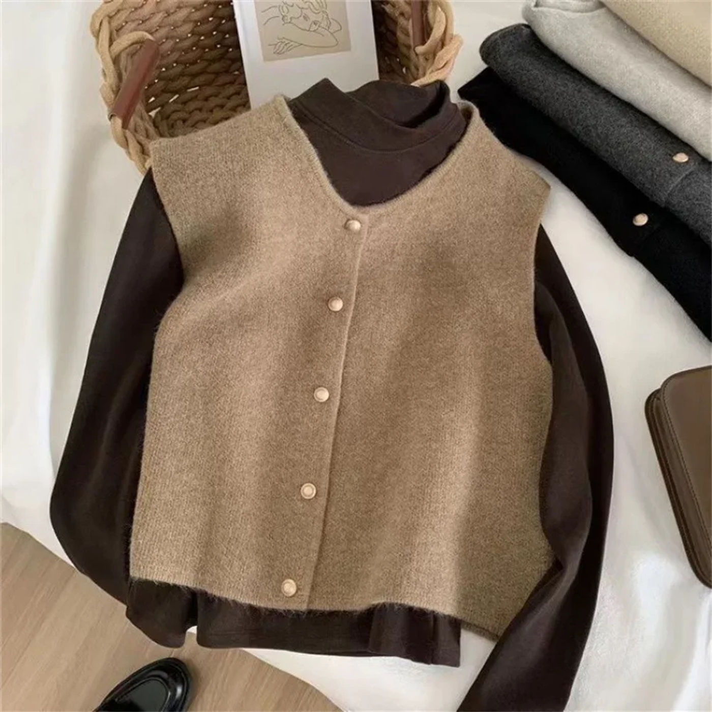 Description Picture 4 of itemSpring Autumn Women's Solid Button V-Neck Sleeveless Casual Fashion Office Lady Elegant Tops Sweater Knitted Cardigan Vest Coats
