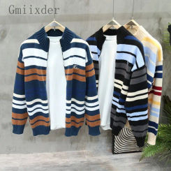 Autumn Winter Trendy Stand-up Collar Cardigan Sweater Retro Men Women Lazy Couple Loose Striped Casual Sweater Jacket Aesthetic