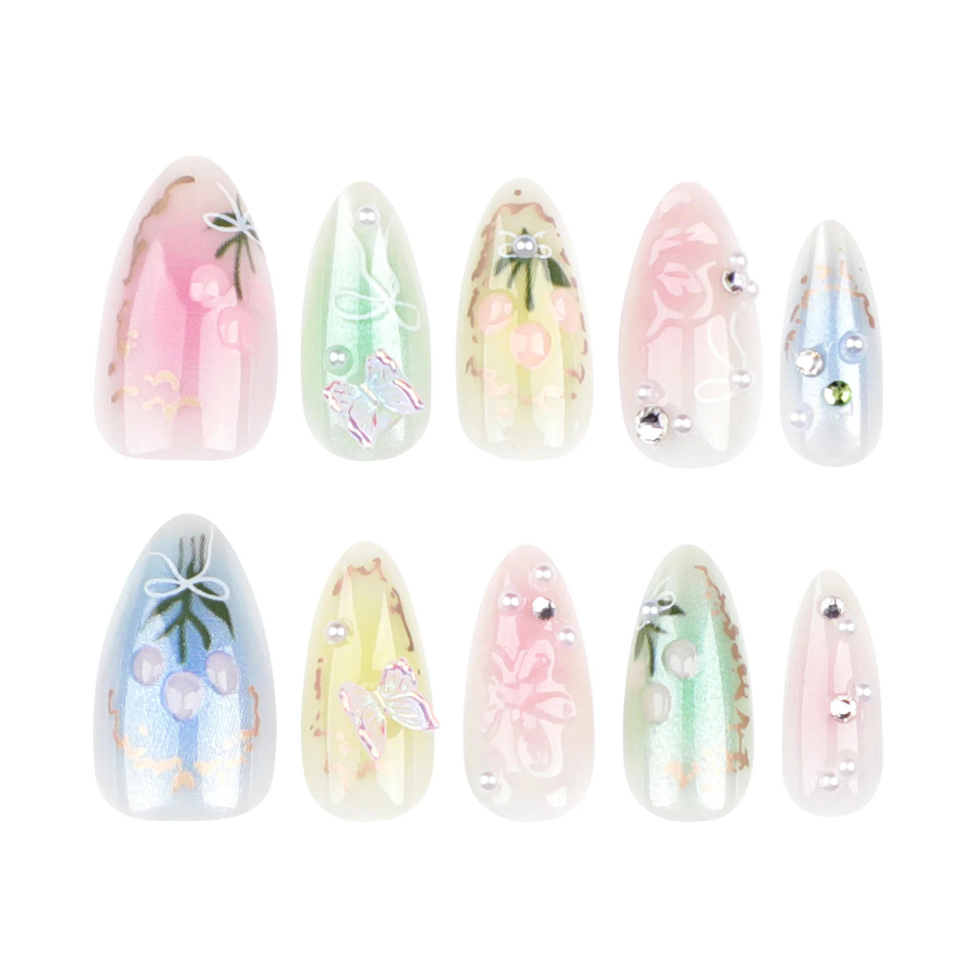 Description Picture 5 of item24pcs Short Almond Press on Nails 3D Flower Butterfly Fake Nails with Glue Colorful Natural Acrylic False Nails Full Cover Nails