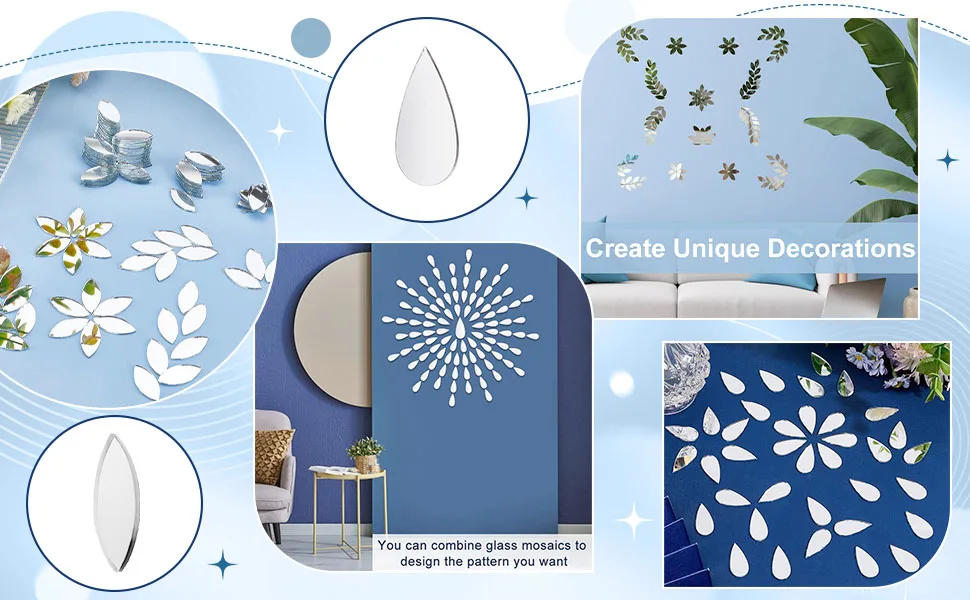 Description Picture 3 of item100pcs Teardrop & Leaf Shape Craft Mirror Stickers Acrylic Self-adhesive Mini Mirror Tiles DIY Art Wall Door Home Decorations