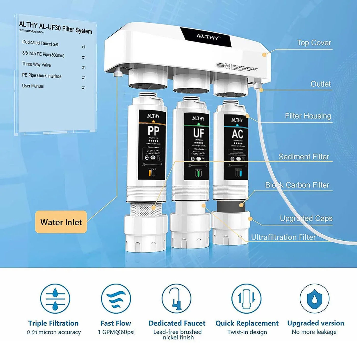 Description Picture 3 of itemALTHY Under Sink Drinking Water Filter Purifier Ultrafiltration System, 3 Stage ,Remove Lead, Chlorine, Bacteria & Bad Taste