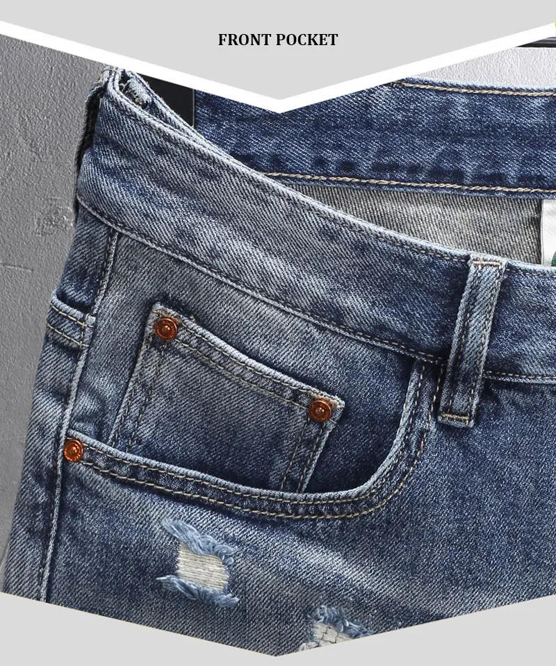 Description Picture 4 of itemSummer Fashion Vintage Men Jeans Retro Washed Blue Stretch Slim Fit Ripped Short Jeans Patched Designer Hip Hop Denim Shorts Men
