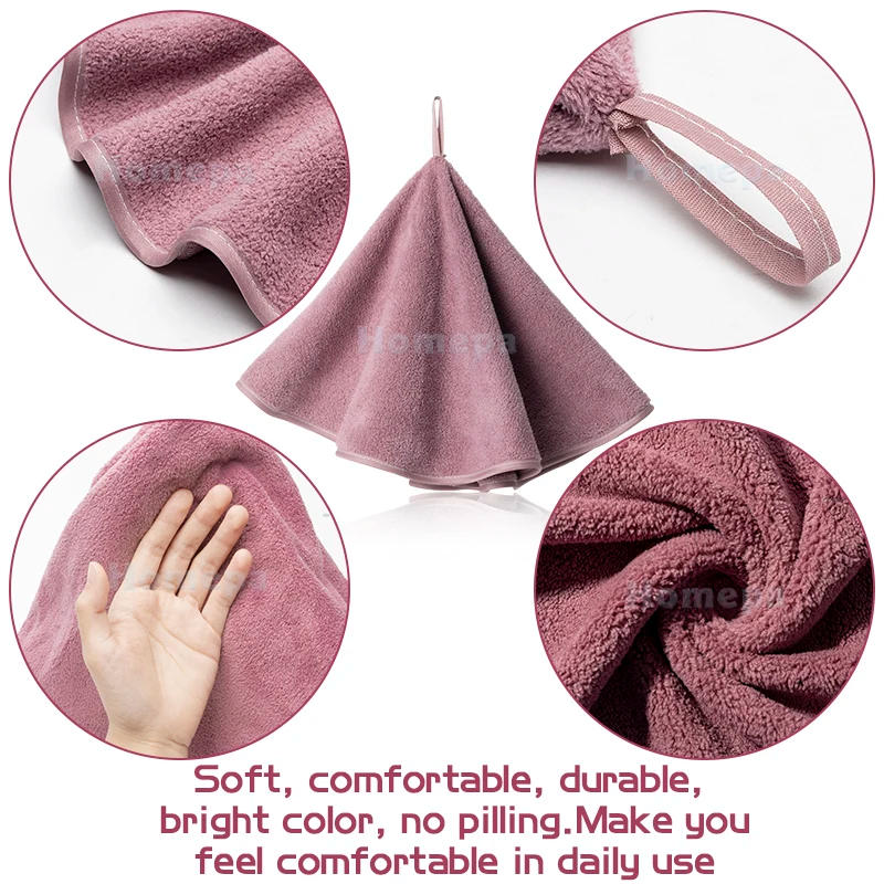 Description Picture 4 of item4Pcs Hanging Round Hand Towels with Hanging Loop Fast Drying Absorbent Dirt Resistant Soft Thick Coral Fleece Rags for Bathroom