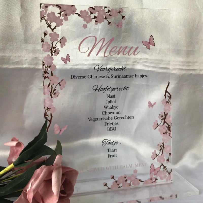 Description Picture 2 of item10pcs Custom Acrylic Wedding Invitation Menu,Butterfly,Blossom Pink Floral Dinner Menu Personalized Menu Card for Decoration