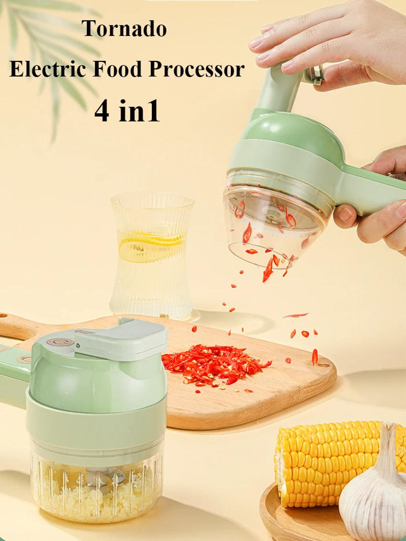 Description Picture 3 of item4 IN 1 Electric Vegetable Cutter Set Multifunctional Garlic Mud Masher Chopper Mini Food Processor Cutting Pressing Mixer Slicer