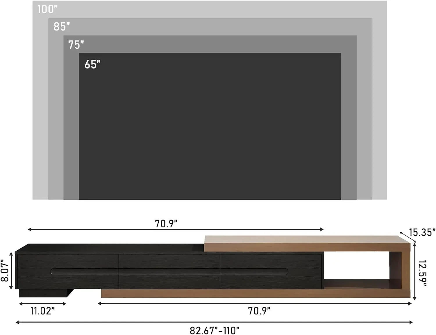 Description Picture 4 of itemExtendable TV Stand,Modern Entertainment Center for Up to 120 Inch TV, Wood Reversible TV Media Console with 3 Drawers, 82-110''